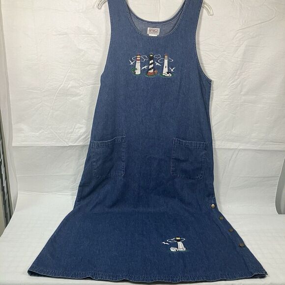 PBJ Dresses & Skirts - Vtg PBJ Sport Womens M Medium Denim Long Dress Jumper Lighthouses Embroidered